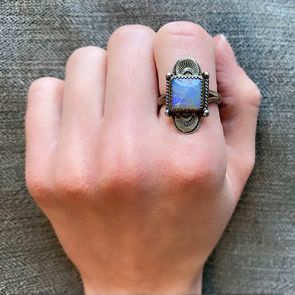 Sterling Silver Statement Opal Ring Blue Purple U… - image 1